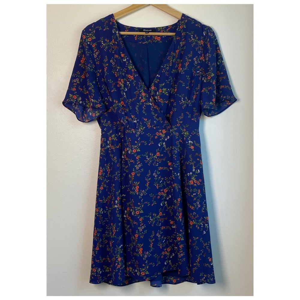 Madewell Wrap Dress Women 2 Blue Floral Short Sleeve V-Neck Mini Cottagecore